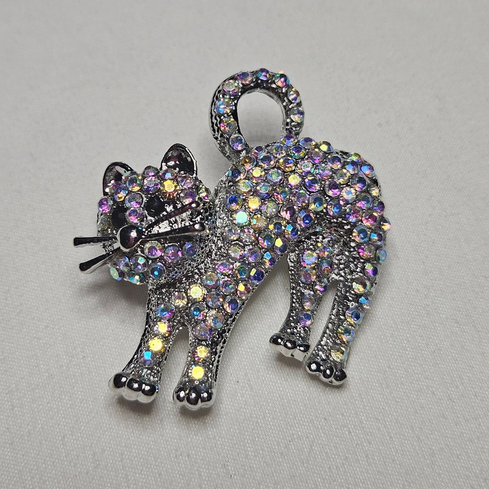 Cat Brooch Pin Womens OS Silver AB Iridescent Rhinestone Animal Kitten